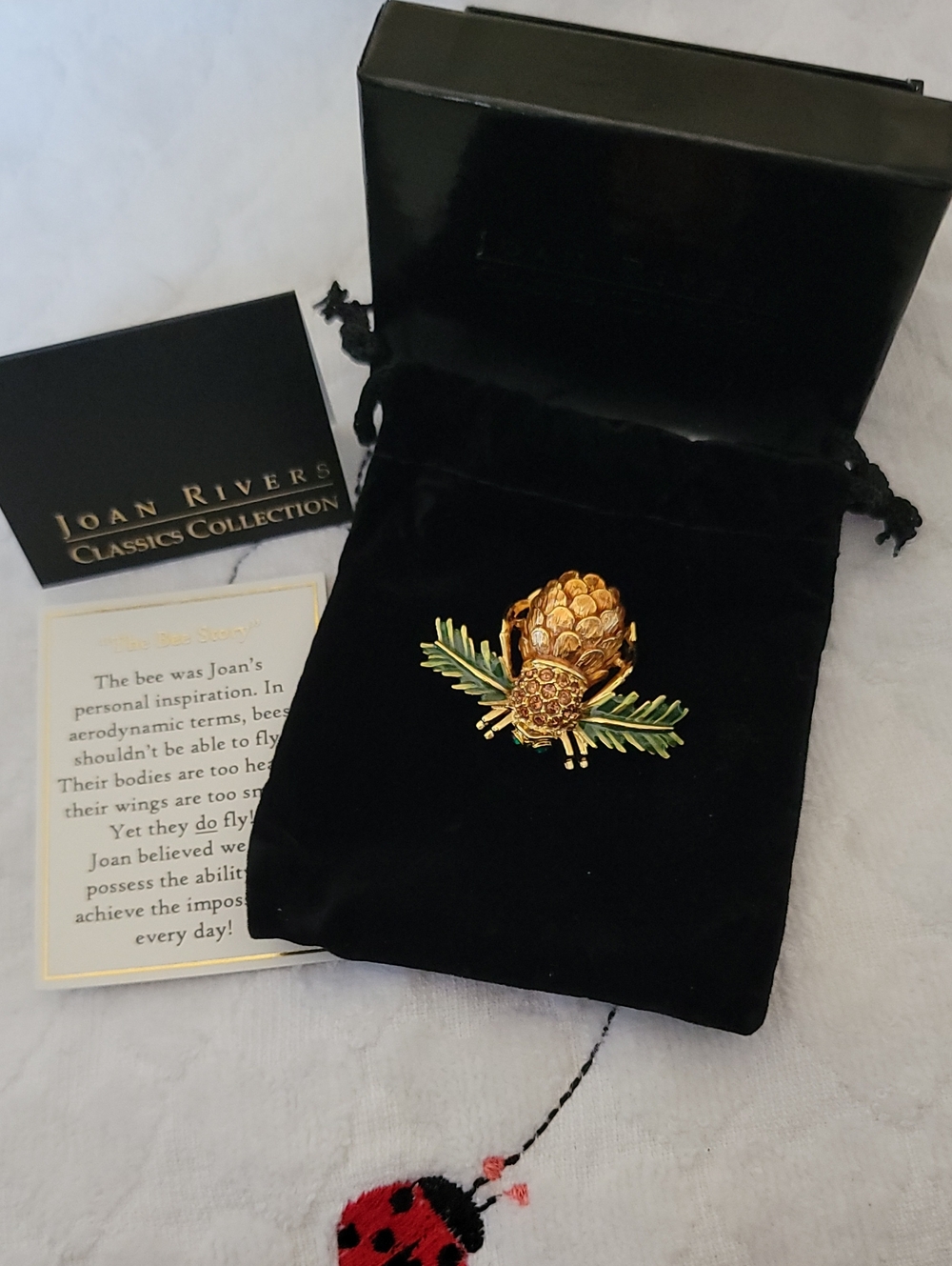 Joan Rivers Gold Pinecone Pin with Green Enamel Needles